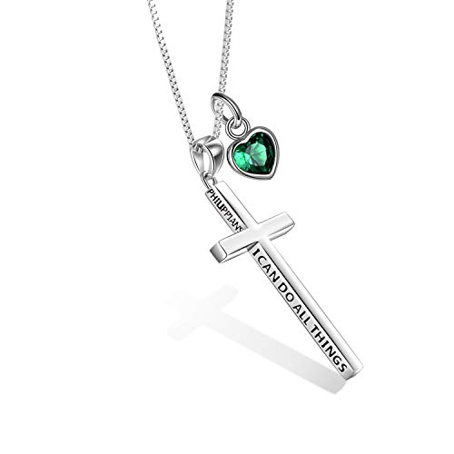 POPLYKE 925 Sterling Silber Kreuz Kette Mai Geburtsstein Kette Damen Männer Philippians 4:13 Ich kann alle Dinge inspirierende Schmuck Männer 20+2'' von POPLYKE