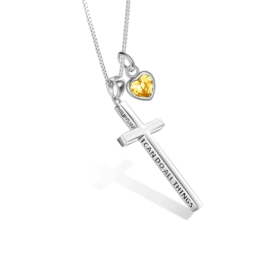 POPLYKE 925 Sterling Silber Kreuz Kette November Geburtsstein Kette Damen Männer Philippians 4:13 Ich kann alle Dinge inspirierende Schmuck Männer 20+2'' von POPLYKE
