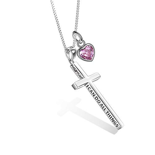 POPLYKE 925 Sterling Silber Kreuz Kette Oktober Geburtsstein Kette Damen Männer Philippians 4:13 Ich kann alle Dinge inspirierende Schmuck Männer 20+2'' von POPLYKE