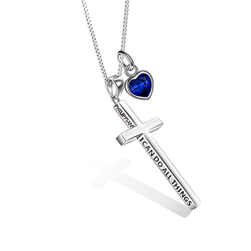 POPLYKE 925 Sterling Silber Kreuz Kette September Geburtsstein Kette Damen Männer Philippians 4:13 Ich kann alle Dinge inspirierende Schmuck Männer 20+2'' von POPLYKE