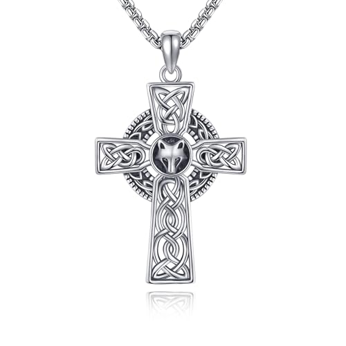 POPLYKE 925 Sterling Silber Kreuz Wolf Halskette für Männer Gothic Kreuz Anhänger Keltische Kreuz Norwegische Schmuck Geschenke für Freund von POPLYKE