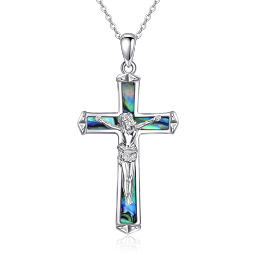 POPLYKE 925 Sterling Silber Kruzifix Kette Damen Jesus Anhänger Abalone Kreuz Schmuck Christian Geschenke 18+2 Zoll von POPLYKE