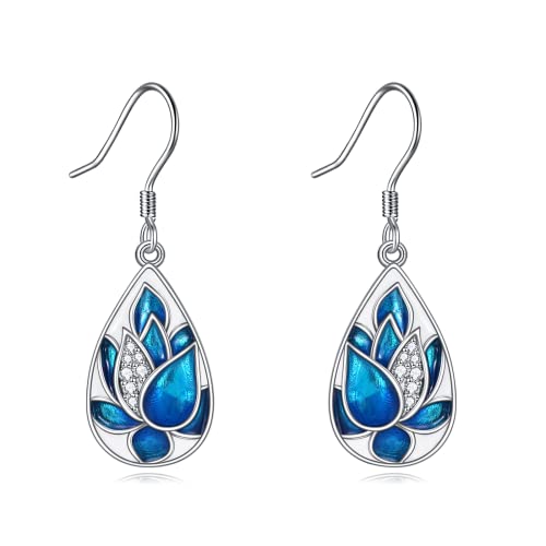 POPLYKE 925 Sterling Silber Lotus Ohrringe Dangle Blue Emaille Ohrringe Damen Lotus Blume Schmuck von POPLYKE