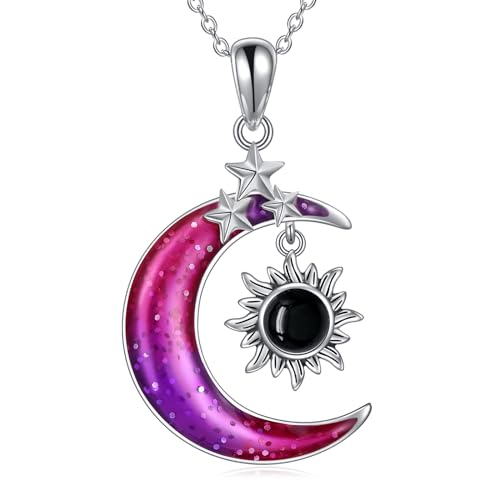 POPLYKE 925 Sterling Silber Mond Sonne Stern Halskette für Damen Schwarzer Achat Anhänger Emaille Bunte Mond Schmuck Geschenke für Mädchen von POPLYKE