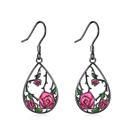 POPLYKE 925 Sterling Silber Rose Blume Ohrringe für Damen Schwarze Blume Dangle Ohrringe Halloween Schmuck Geschenke für sie von POPLYKE