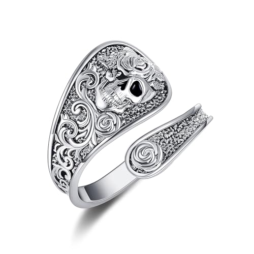 POPLYKE 925 Sterling Silber Schädel Löffel Ring Rose Blume Vintage Daumen Ringe Boho Einstellbare Offene Ring Schädel Ring Schmuck Geschenke für Damen von POPLYKE