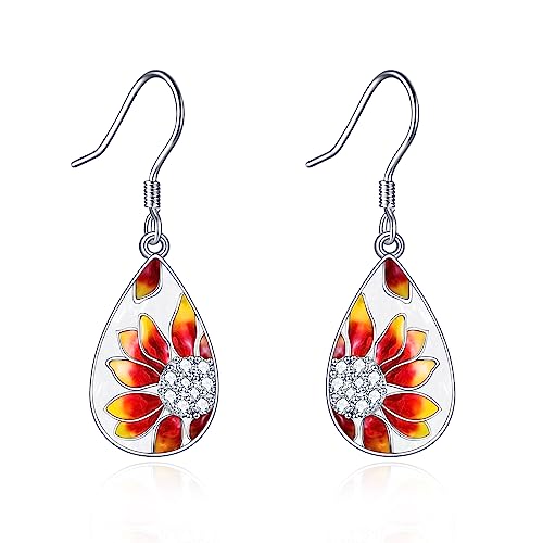 POPLYKE 925 Sterling Silber Sonnenblume Ohrringe Gelbe Emaille Ohrringe für Frauen Blume Dangle Sonnenblume Schmuck Geschenke Geburtstag von POPLYKE