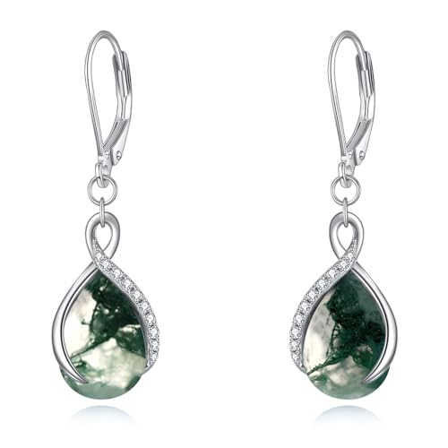 POPLYKE 925 Sterling Silber Teardrop Moosachat Hebelohrringe für Frauen Infinity Ohrringe Dangle Moosachat Schmuck von POPLYKE