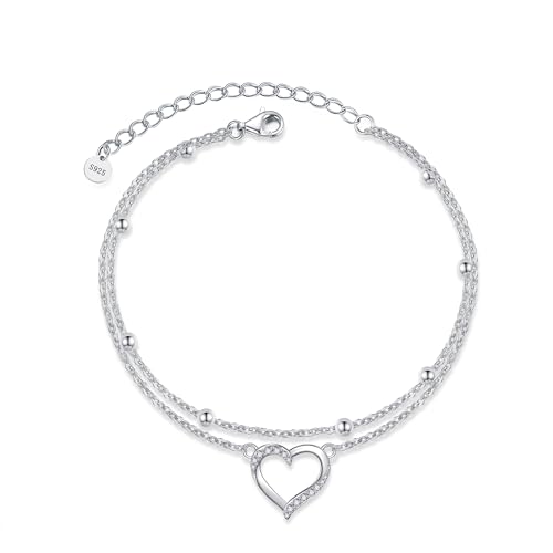 POPLYKE 925 Sterling Silver Heart Anklet Layered Chain Ankle Bracelet for Women Ankle Jewelry Summer Beach Dainty Jewelry von POPLYKE