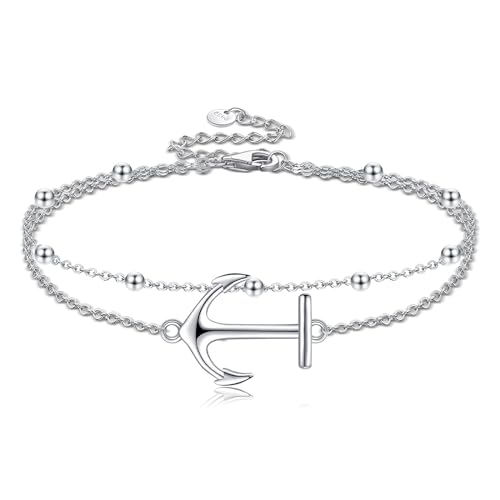 POPLYKE Anker Fußkettchen für Damen 925 Sterling Silber Fußkette Armbänder für Damen Fußkette Armbänder Damen Fußkette Doppelschichtige Kette für Damen von POPLYKE