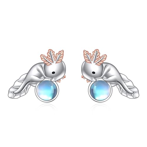 POPLYKE Axolotl Ohrringe für Frauen Sterling Silber Mondstein Ohrstecker Niedliche Tierschmuck für Mädchen (Axolotl) von POPLYKE