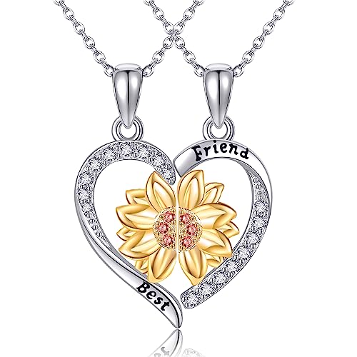 POPLYKE BFF Halskette für 2-Split Herz Halskette Sonnenblume Anhänger Schwester Halskette Best Friend Schmuck Geschenke Freundschaft Halskette Set von 2 von POPLYKE