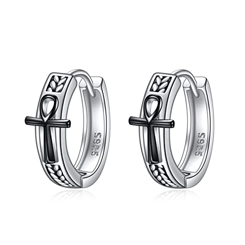 POPLYKE Black Ankh Cross Hoop Earrings Sterling Silver Small Vintage Egyptian Hoop Earrings Celtic Jewelry for M?nner von POPLYKE