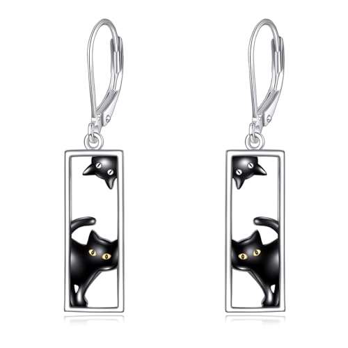 POPLYKE Schwarze Katze Ohrringe Sterling Silber Schwarze Katze Hängend Ohrringe LeverBack Ohrring Schmuck Weihnachts Geschenke für Frauen(Rechteck) von POPLYKE