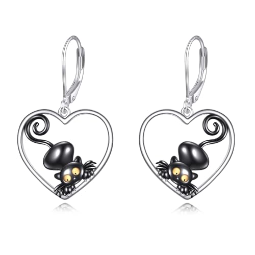 POPLYKE Black Cat Drop Dangle Earrings 925 Sterling Silber Hebel zurück Katze Schmuck für Mädchen Frauen Weihnachtsgeschenke (Herz) von POPLYKE