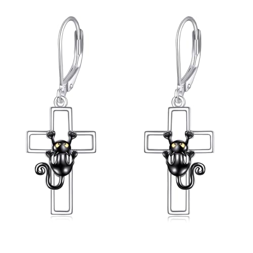 POPLYKE Black Cat Drop Dangle Earrings 925 Sterling Silber Hebel zurück Katze Schmuck für Mädchen Frauen Weihnachtsgeschenke (Kreuz) von POPLYKE