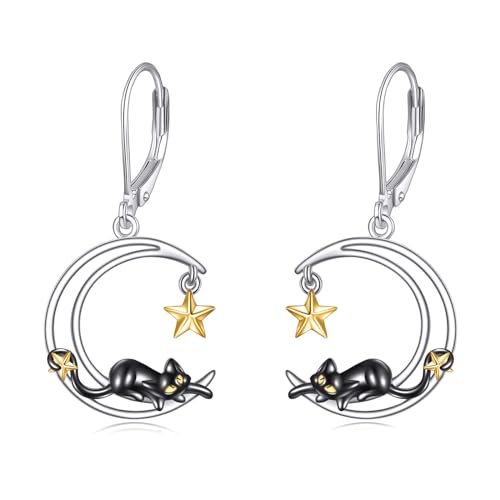 POPLYKE Black Cat Drop Dangle Earrings 925 Sterling Silber Hebel zurück Katze Schmuck für Mädchen Frauen Weihnachtsgeschenke (Mond) von POPLYKE