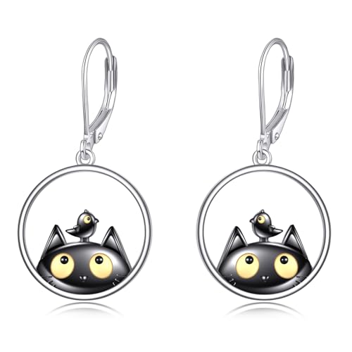 POPLYKE Black Cat Drop Dangle Earrings 925 Sterling Silber Hebel zurück Katze und Vogel Schmuck für Mädchen Frauen Weihnachtsgeschenke (Kreis) von POPLYKE