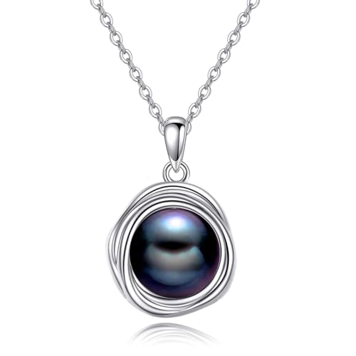 POPLYKE Black Pearl Ketten Damen 925 Sterling Silber Single Pearl Halskette Black Pearl Anhänger 8mm Perlenschmuck Geschenke für Mom Wife von POPLYKE