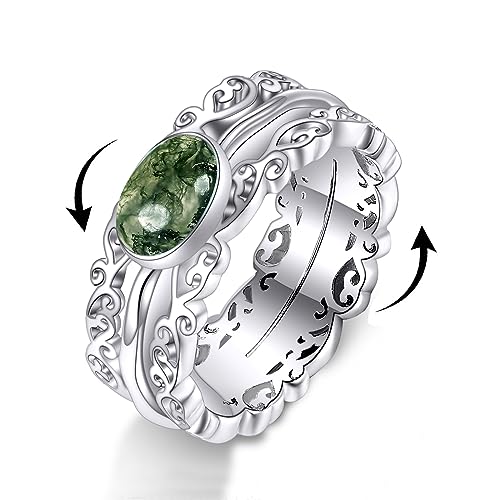POPLYKE Blatt Moos Achat Fidget Ringe für Angst 925 Sterling Silber Moos Achat Spinner Ringe für Damen Anti Stress Stimmung Ringe Geschenke Band Breite 8# von POPLYKE