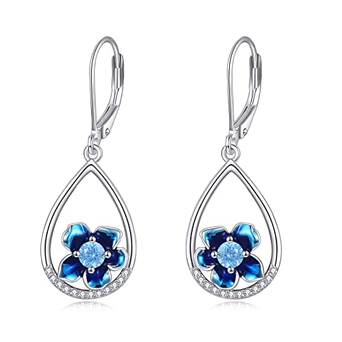 POPLYKE Blaue Blume Teardrop Tropfen Ohrringe Sterling Silber Leverback Ohrringe von POPLYKE