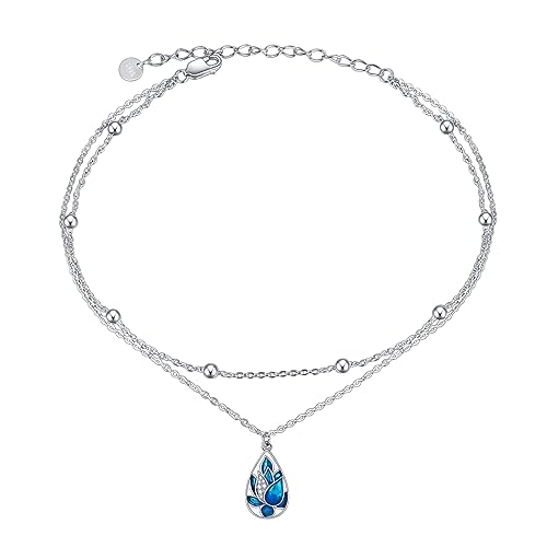 POPLYKE Blaue Emaille Lotus Blume Fußkettchen für Damen Sterling Silber Lotus Knöchel Armband Doppelschichtige Kette Lotus Schmuck Geschenke für sie von POPLYKE