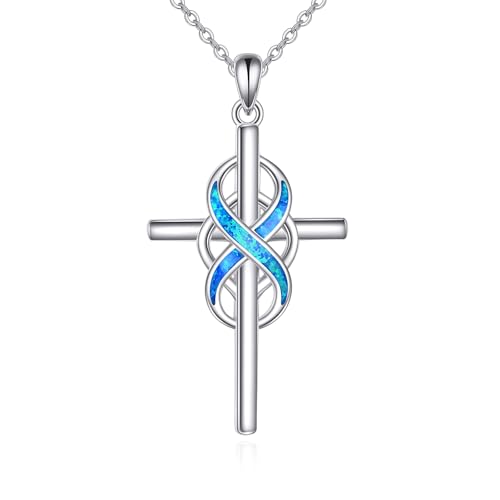 POPLYKE Blaues Opal Kreuz Kette Damen 925 Sterling Silber Keltisches Kreuz Halskette Unendlichkeit Christlicher Schmuck 18+2“ von POPLYKE