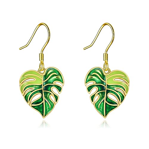 POPLYKE Bohemian Green Leaf Ohrringe für Frauen Sterling Silber Tropical Monstera Dangle Drop Earrings Boho Vaction Schmuck von POPLYKE
