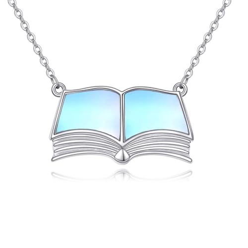 POPLYKE Buch Kette 925 Sterling Silber Lese Kette Damen Mondstein Schmuck Geschenke für Studentin Beste Freundin Schwester von POPLYKE
