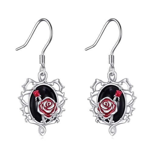 POPLYKE Cameo rote Rose Blume schwarzer Onyx Stein Drop Dangle Ohrringe Sterling Silber Vintage Goth Witch Ohrringe Geburtstag Geschenk für Frauen von POPLYKE