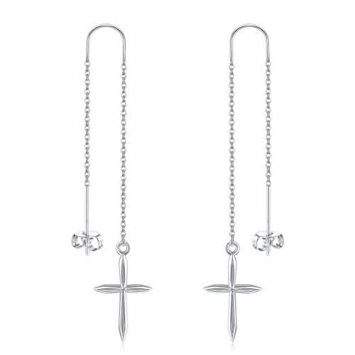 POPLYKE Cross Threader Ohrringe 925 Sterling Silber Kette Ohrringe Lange Dangle Kreuz Ohrringe für Damen von POPLYKE