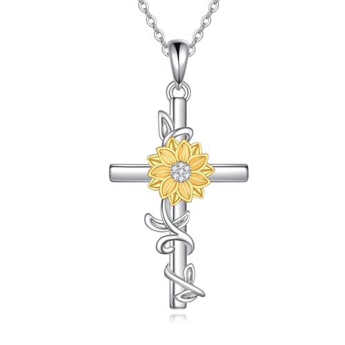 POPLYKE Damen Sonnenblume Kreuz Halskette 925 Sterling Silber Zarte Sonnenblume Anhänger für Damen (Sonnenblume) von POPLYKE