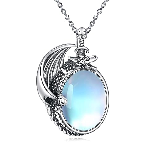 POPLYKE Drachenschwert Halskette 925 Sterling Silber Cool Mondstein Drachen Anhänger Schmuck Geschenk für Frauen von POPLYKE