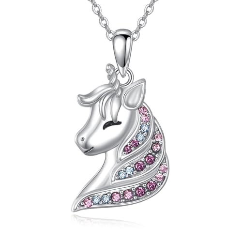 POPLYKE Einhorn Halskette Geschenke für Mädchen Kinder 925 Sterling Silber Bunte Kristall Anhänger Halsketten Einhorn Schmuck Geschenke Geburtstagsgeschenk für Mädchen Tochter Enkelin von POPLYKE