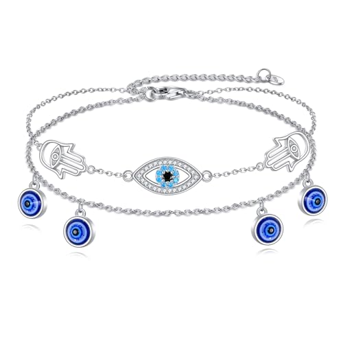 POPLYKE Evil Eye Fußkettchen Sterling Silber Evil Eye und Hamsa Layered Fußkettchen Armband Glück Schutz Fußkettchen Schmuck für Damen von POPLYKE