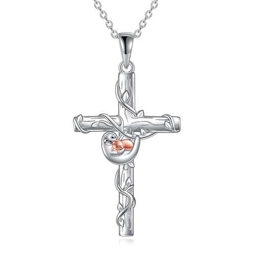POPLYKE Faultier Kreuz Anh?nger Halskette für Frauen Tierische Mutter und Tochter Halskette Sterling Silber Christlicher Schmuck Geschenke für Frauen von POPLYKE