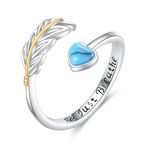 POPLYKE Feder Ringe 925 Sterling Silber Just Breathe Lotus Open Ring Damen Herz Türkis Ring einstellbar 6-8# von POPLYKE