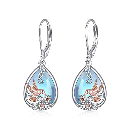 POPLYKE Filigrane Mondstein Kolibri Leverback Ohrringe 925 Sterling Silber Träne Mondstein Ohrringe Dangle für Damen Kolibri Schmuck Geschenke von POPLYKE