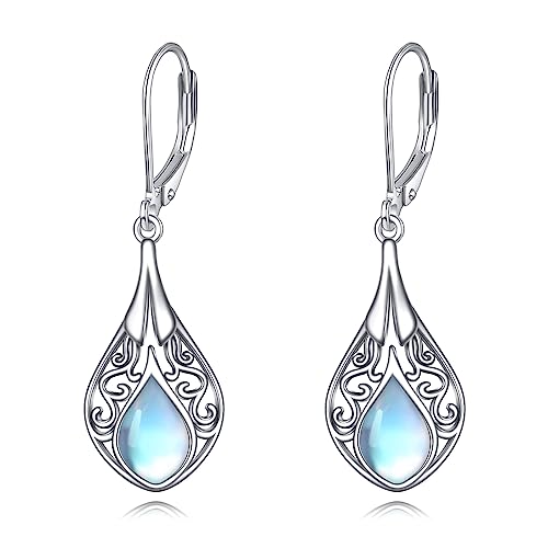 POPLYKE Filigrane Mondstein Leverback Ohrringe 925 Sterling Silber Träne Mondstein Ohrringe Dangle für Damen Schmuck Geschenke von POPLYKE