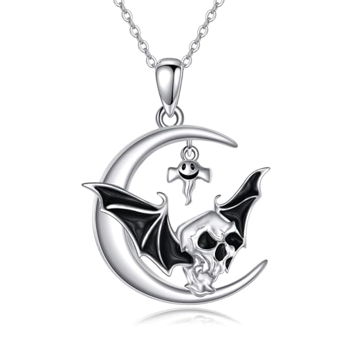 POPLYKE Fledermaus-Halskette für Frauen 925 Sterling Silber Schwarzer Fledermaus-Totenkopf Anhänger Halskette Gothic Schmuck Geschenke für Mädchen von POPLYKE