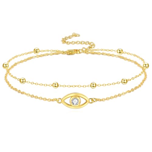 POPLYKE Gold Plated Evil Eye Fußkettchen 925 Sterling Silber Doppelschichtige Kette Damen Sommer Strand Zierlicher Schmuck von POPLYKE