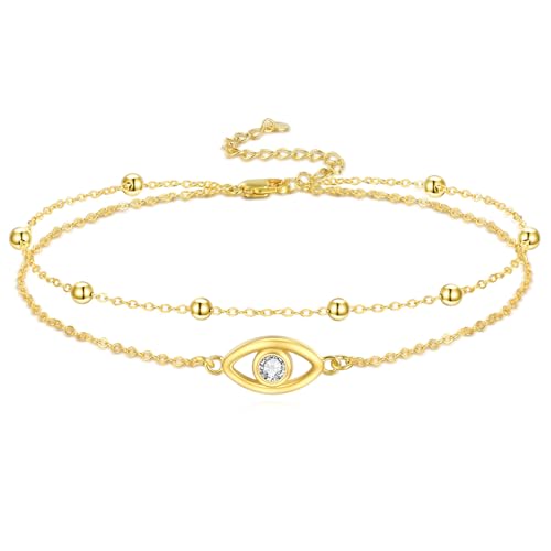 POPLYKE Gold Plated Evil Eye Fußkettchen 925 Sterling Silber Doppelschichtige Kette für Mädchen Damen Geburtstagsgeschenke Sommer Strand zierlicher Schmuck von POPLYKE