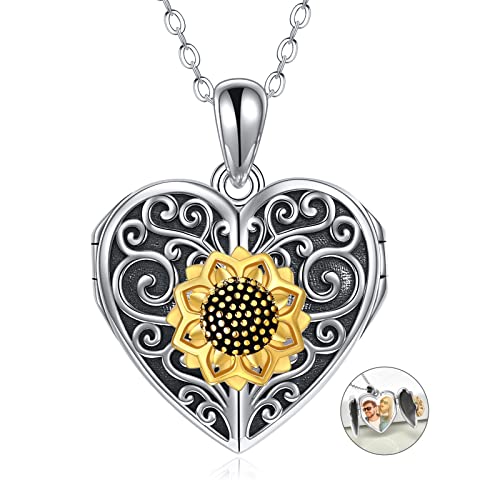 POPLYKE Gold überzogene 925 Sterling Silber Herz Sonnenblume Medaillon kette für Damen Sonnenblume Schmuck, die Bild halten von POPLYKE