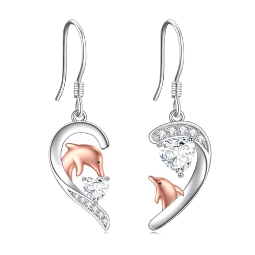 POPLYKE Herz Dophin Dangle Ohrringe für Damen Sterling Silber Dophin Ohrringe Mutter Tochter Dophin Schmuck Geschenke von POPLYKE