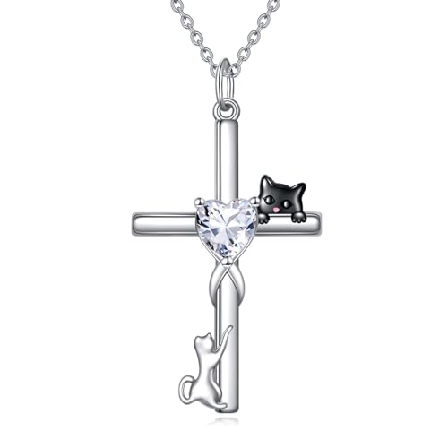 POPLYKE Katze Kreuz Anhänger Halskette für Frauen Tier Halskette Sterling Silber Schwarz Katze Christlichen Schmuck Geschenke für Frauen von POPLYKE