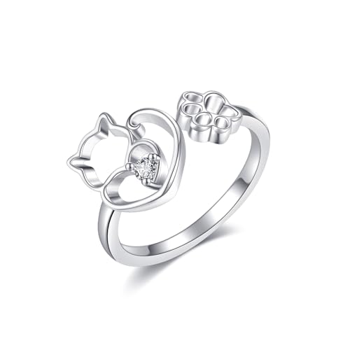 POPLYKE Katzenring für Damen 925 Sterling Silber Hello Kitty Ring Katze Pfote Print Ring Tier Ring Einstellbare offene Statement Ringe für Tierliebhaber Damen von POPLYKE