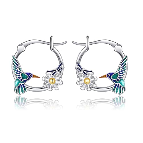 POPLYKE Kolibri Hoop Ohrringe für Damen 925 Sterling Silber Nette Tier Hoops Daisy Schmuck für Damen Dragonfly Schmuck für Damen Ihr von POPLYKE