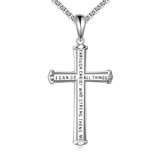 POPLYKE Kreuz Halskette Damen Männer 925 Sterling Silber Philippians 4:13 Ich kann alle Dinge inspirierende Schmuck für Männer 20+2'' von POPLYKE