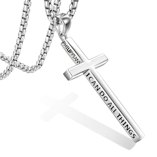 POPLYKE Kreuz Kette Damen Männer 925 Sterling Silber Philippians 4:13 Ich kann alle Dinge inspirierende Schmuck Männer 22+2 Zoll Kette von POPLYKE