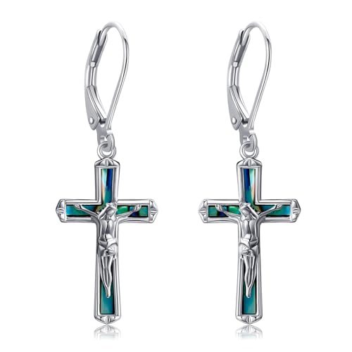 POPLYKE Kreuz Ohrringe Damen 925 Sterling Silber Jesus Leverback Abalone Crucifix Christian Schmuck Geschenke von POPLYKE